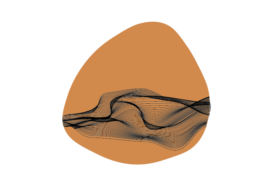Abstract organic shape in warm terracotta with flowing black line art waves creating a dynamic desert landscape design.