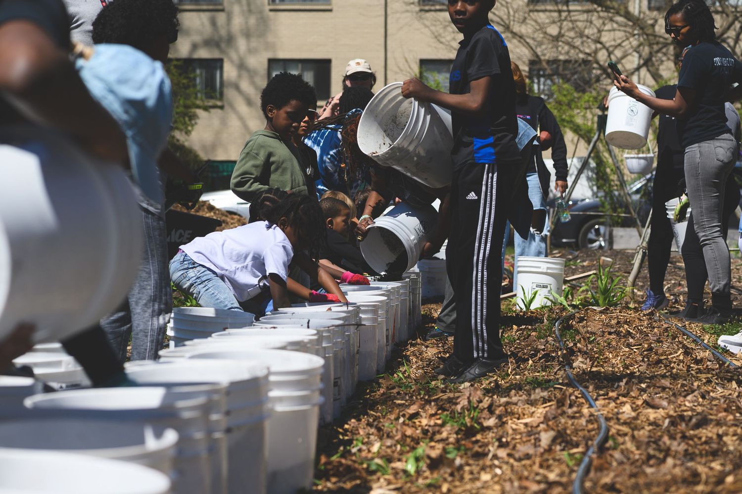 A line of people receive meals served in disposable containers at an outdoor food distribution event on a fall day.