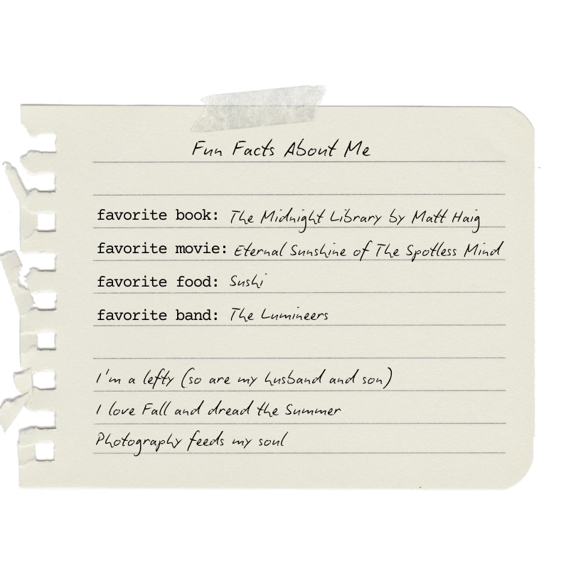 A handwritten notes page titled 'Fun Facts About Me' showing favorite books, movies, food, and band preferences on torn paper.