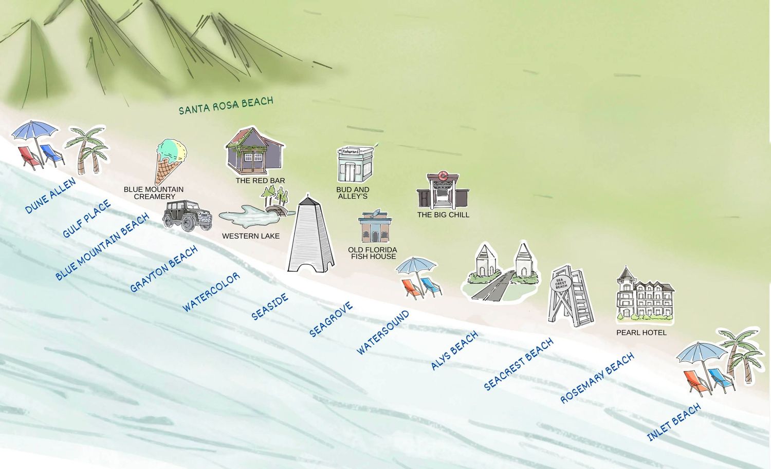 A detailed aerial map illustration shows blue waterways and green terrain with various buildings and landmarks marked.