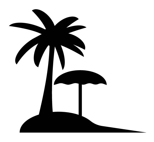 Black silhouette of a palm tree and beach umbrella on a small hill against white background.