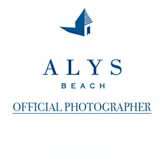 Blue logo design for Alys Beach with text 'Official Photographer' in elegant typography.