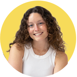 Five circular headshots of someone with curly brown hair wearing a white top against a yellow background.