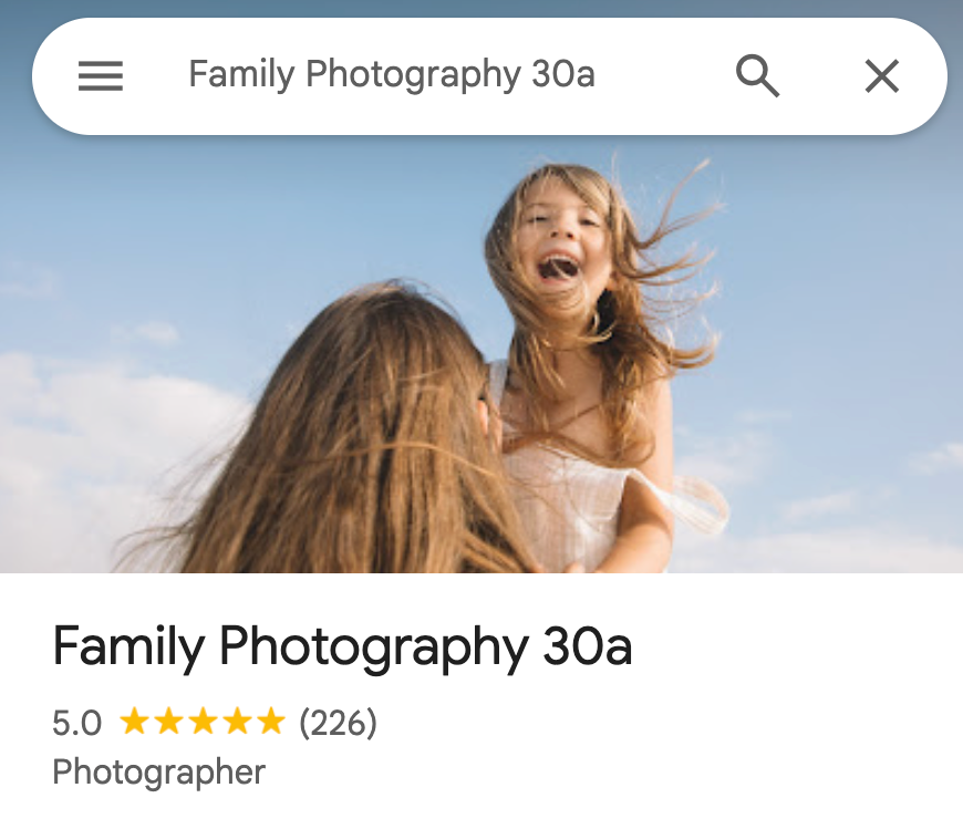 A photographer's portfolio page showing family photography examples with a search bar and navigation menu.