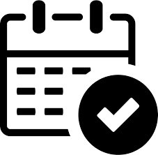 A black and white calendar icon with a checkmark symbol indicating confirmed or approved scheduling.