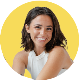 A series of circular headshots on yellow backgrounds showing someone smiling and posing in a white top.