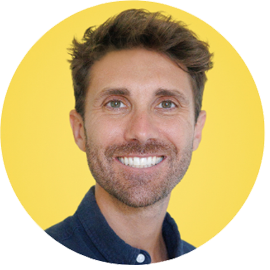 A series of six circular headshots against a bright yellow background showing the same person with different expressions.