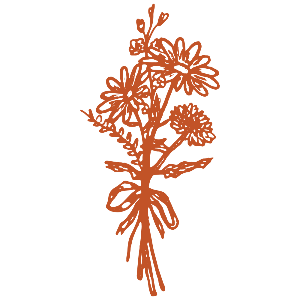 Rustic orange illustration of a wildflower bouquet with tied stems.
