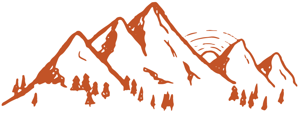 Minimalist orange mountain range silhouette with desert vegetation.