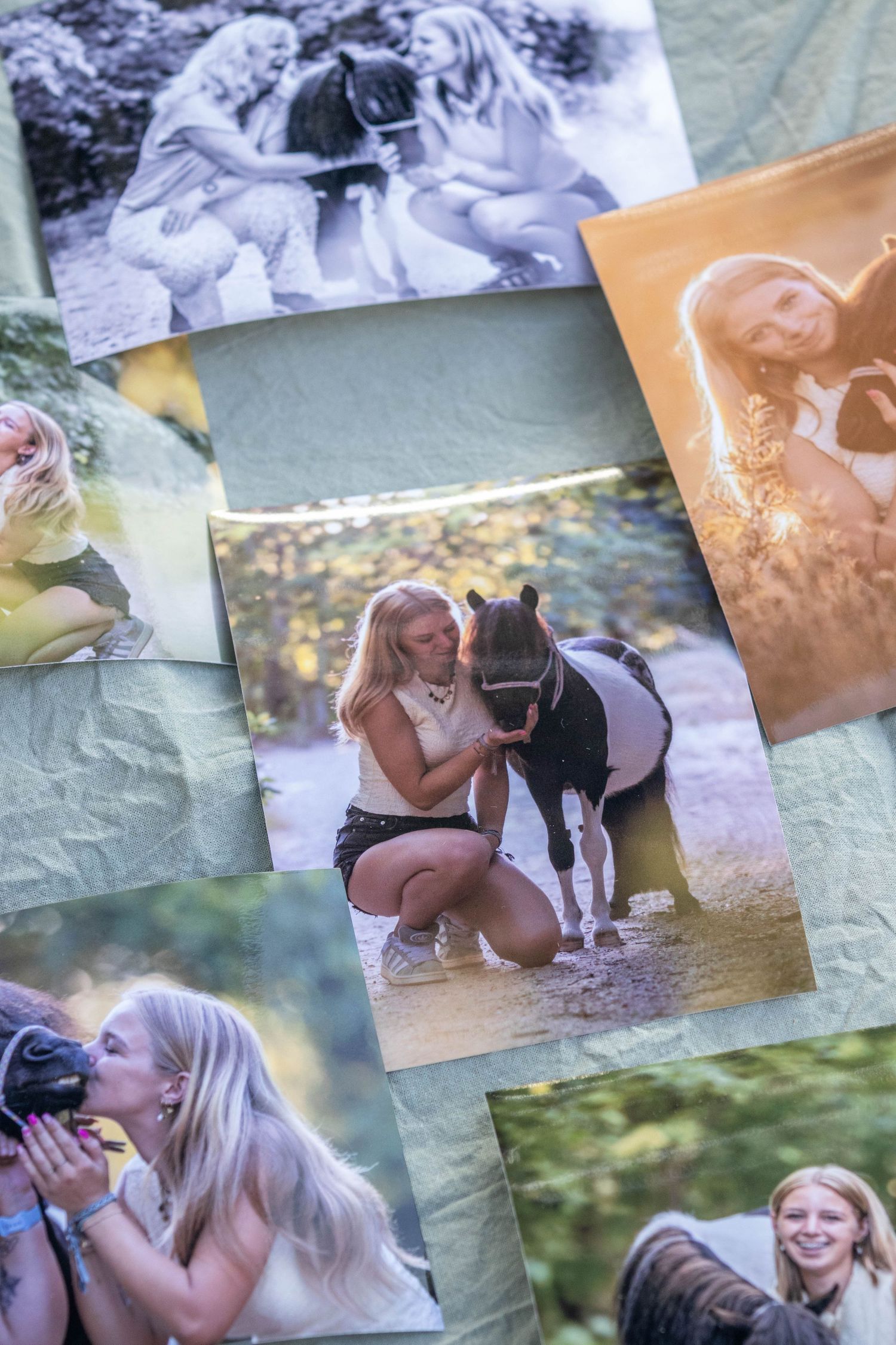 Collage of photos showing a young blonde woman bonding with a small pinto pony in outdoor settings.