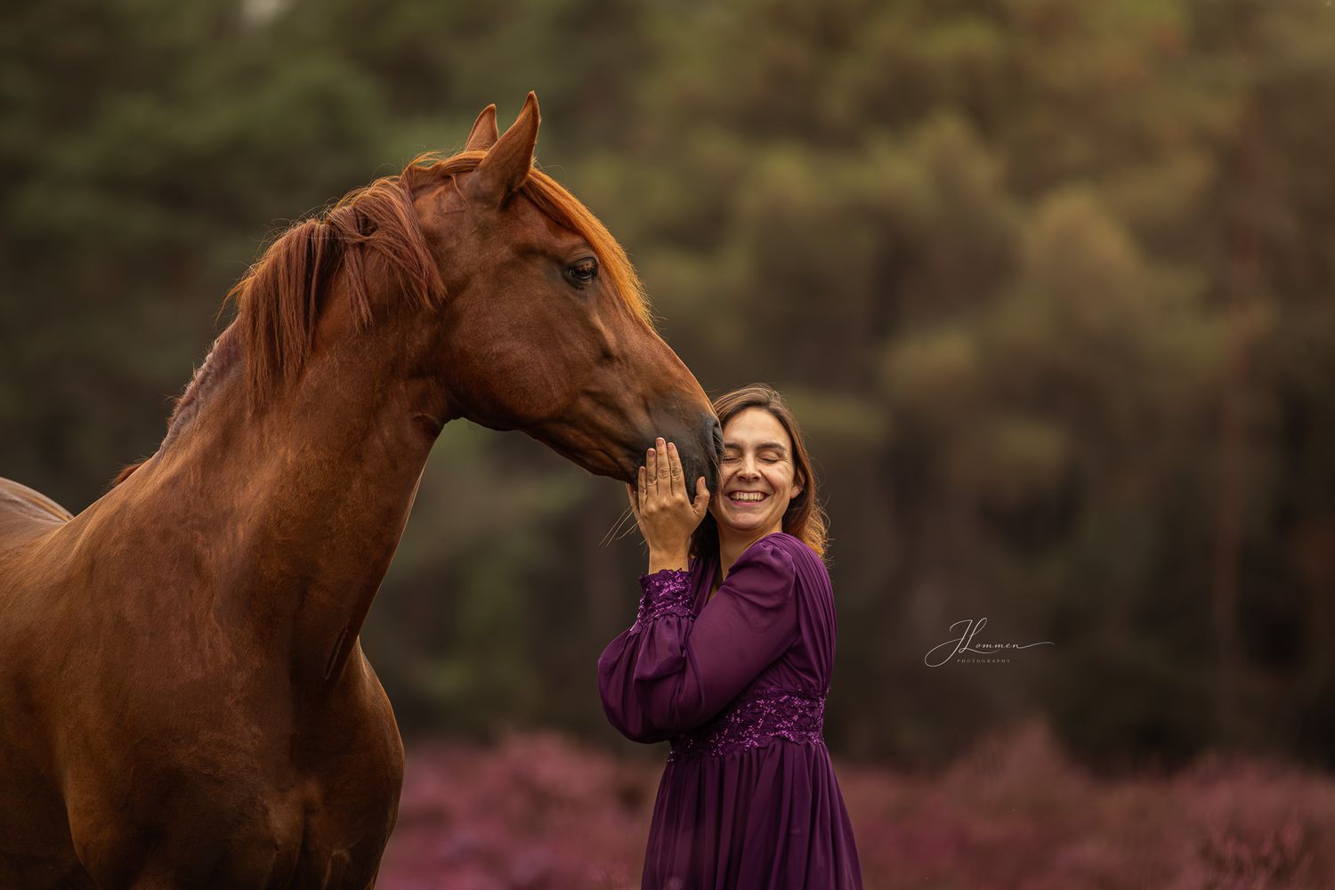 A smiling woman in a purple dress gently touches a chestnut horse's nose in a scenic heathland setting.