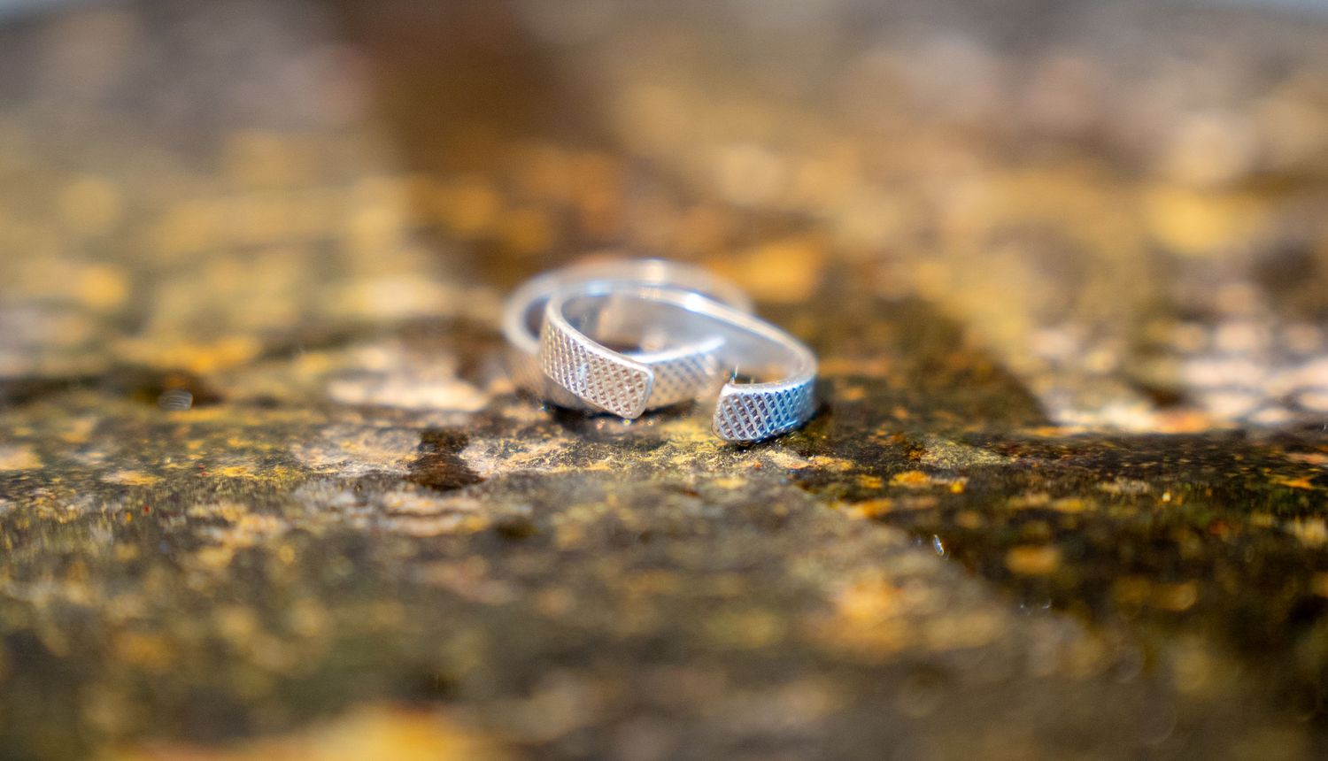 Two silver wedding bands resting on a textured stone surface with golden lichen, shallow depth of field.