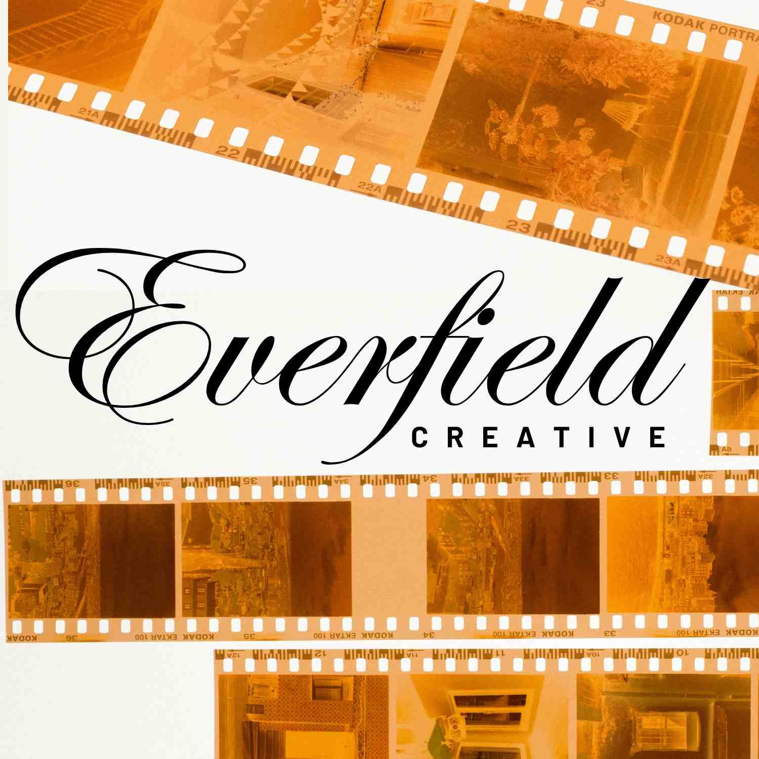 Everfield Creative logo displayed on a vintage film strip background in warm golden tones.