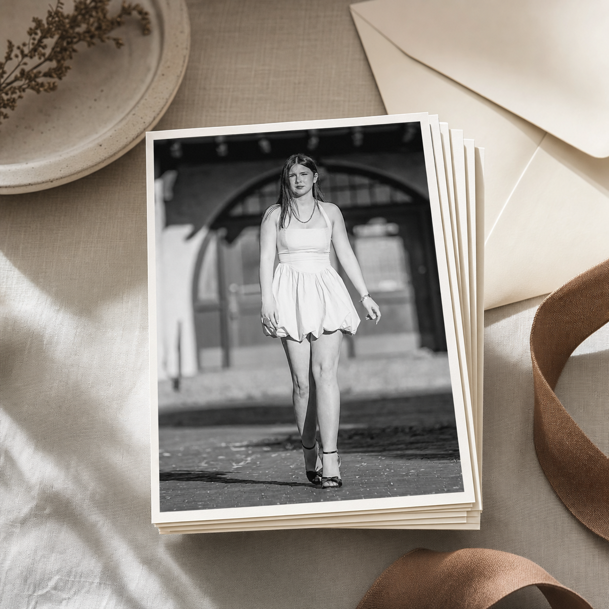 Black and white fine art print of young woman in white dress walking outdoors, stacked with cream envelopes.