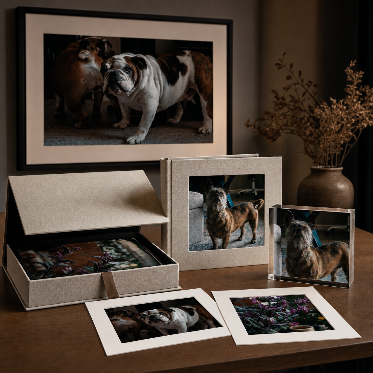 English Bulldog photos in framed prints, keepsake box, loose prints, and acrylic block on dark wood table.
