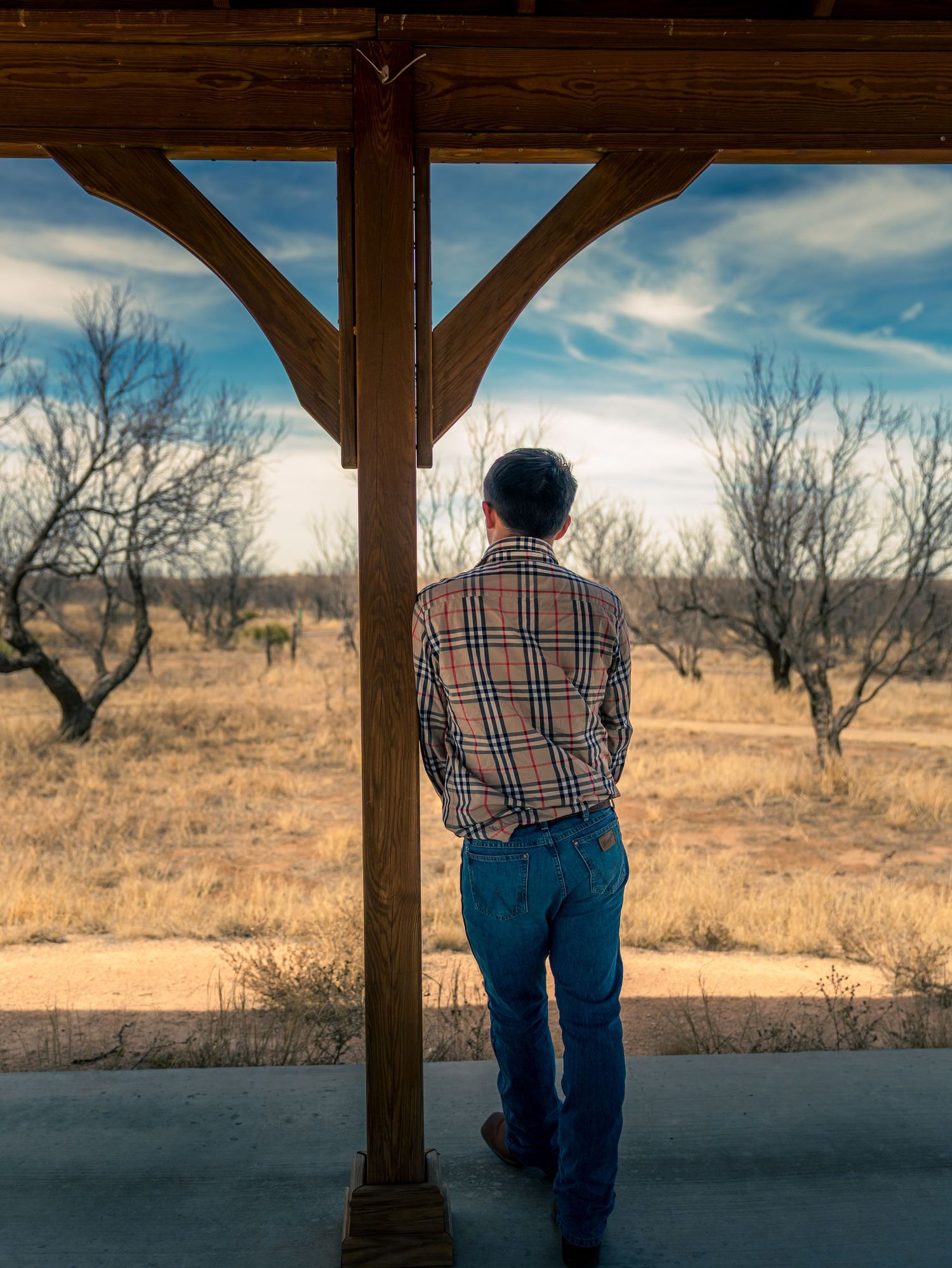 Man in plaid shirt standing under a wooden pergola overlooking a dry winter landscape.