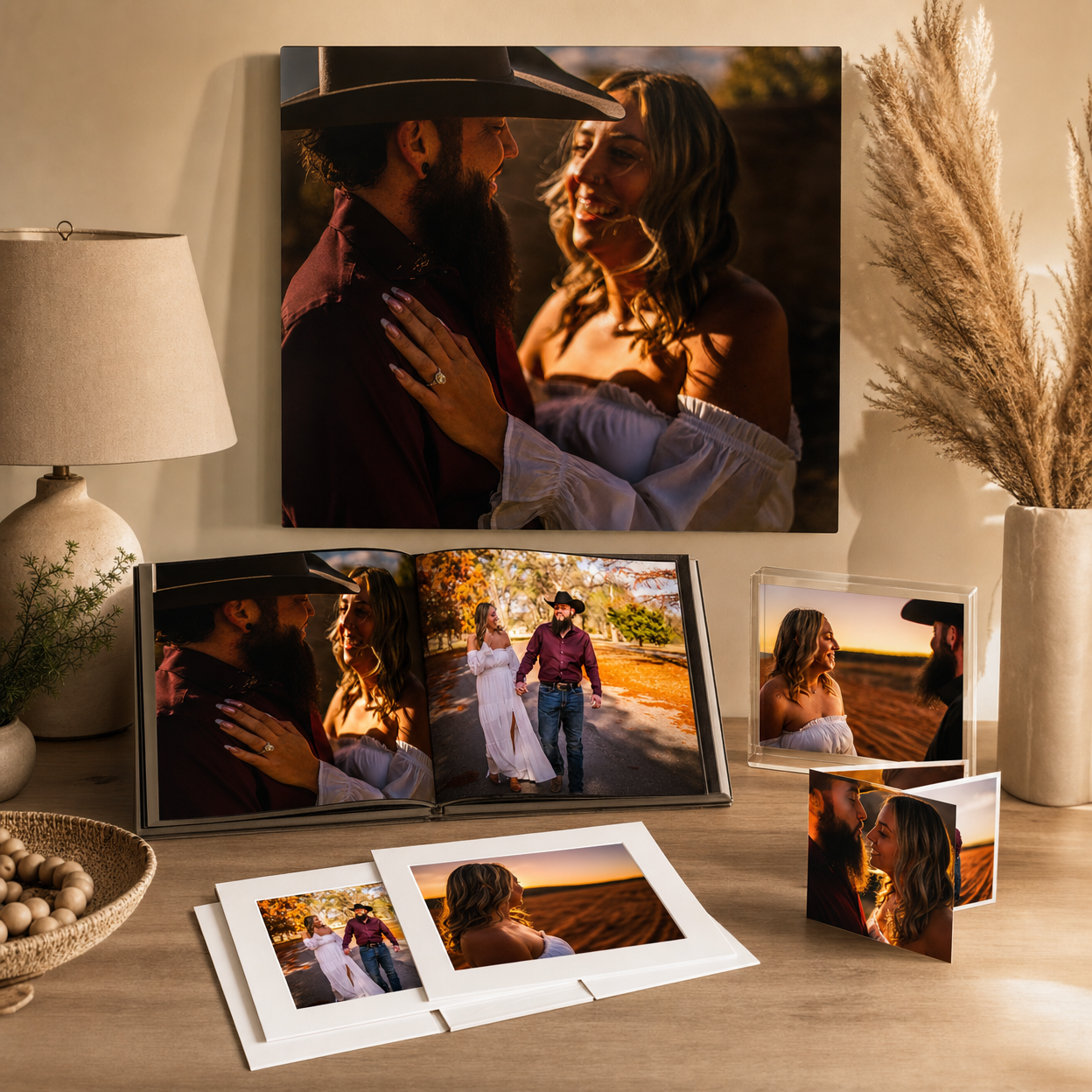 Photography product collection featuring canvas print, photo book, and framed prints of a couple.