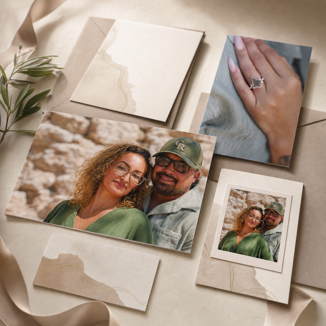Couple smiling in photo prints with engagement ring close-up, arranged on neutral background with envelopes.