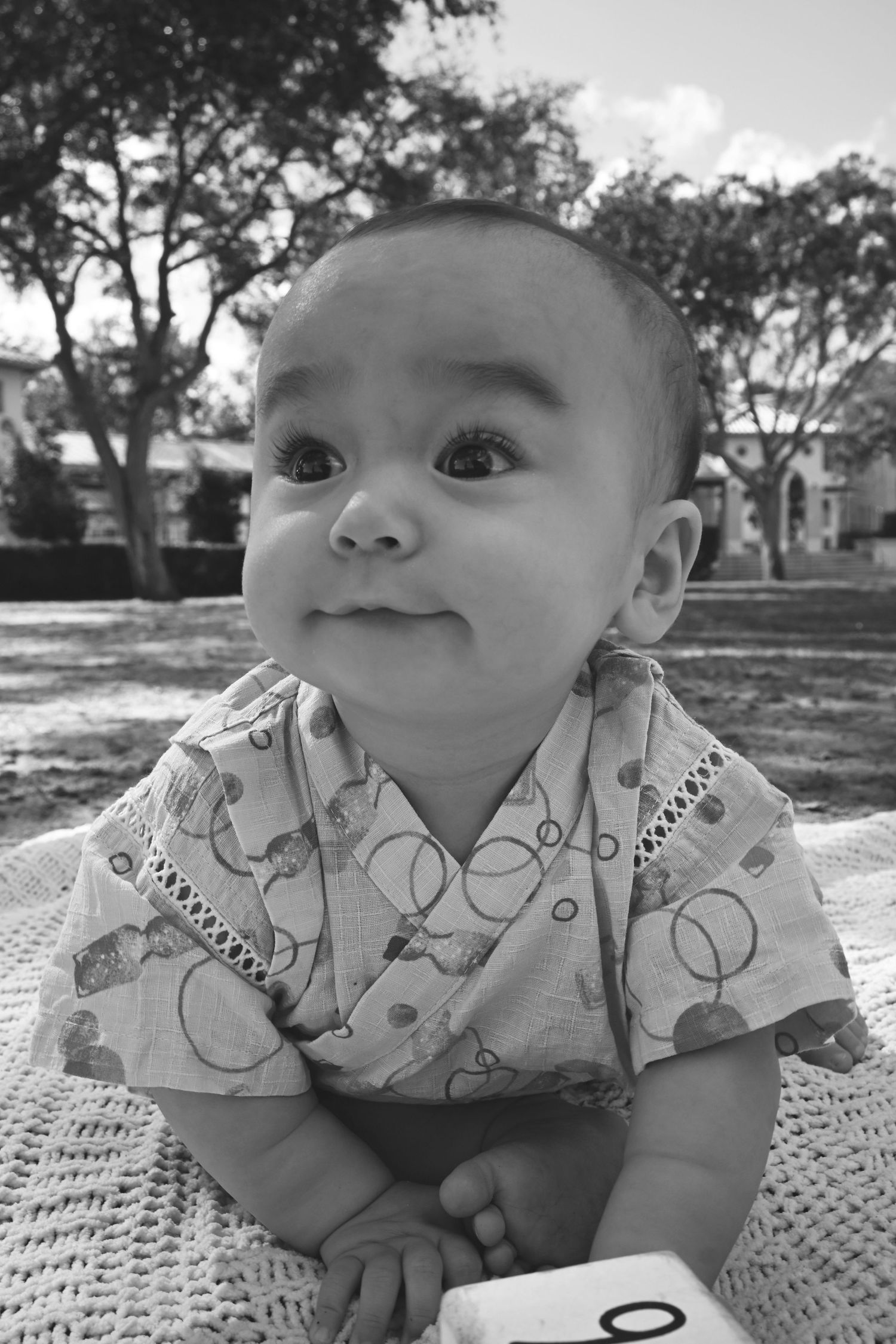 Black and white portrait of a curious baby outdoors during a family milestone session by a Central Florida Photographer.