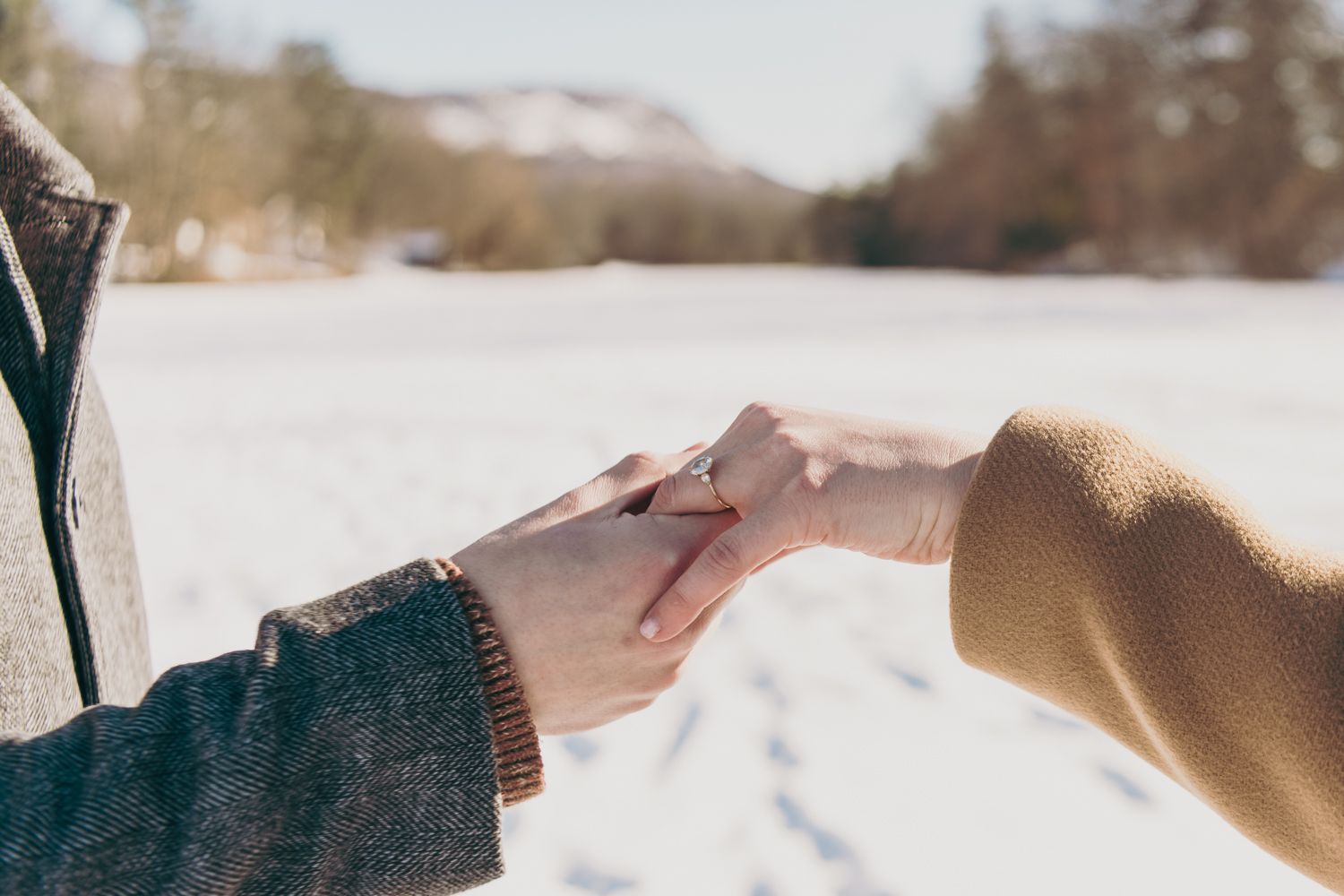 Close-up of a couple holding hands with an engagement ring visible, snowy landscape in the background.