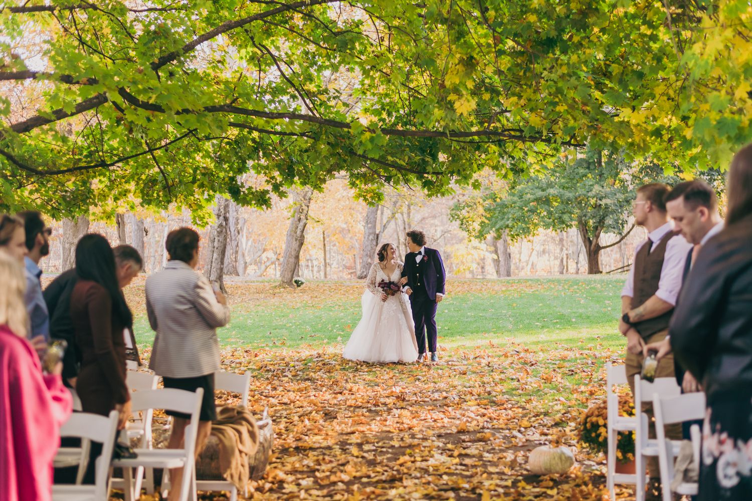 Guests seated along a leaf-covered aisle as bride and groom stand beneath golden autumn trees during ceremony.