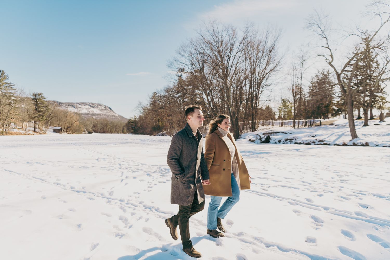 Couple walking hand in hand through a snowy winter landscape with bare trees and a mountain backdrop.