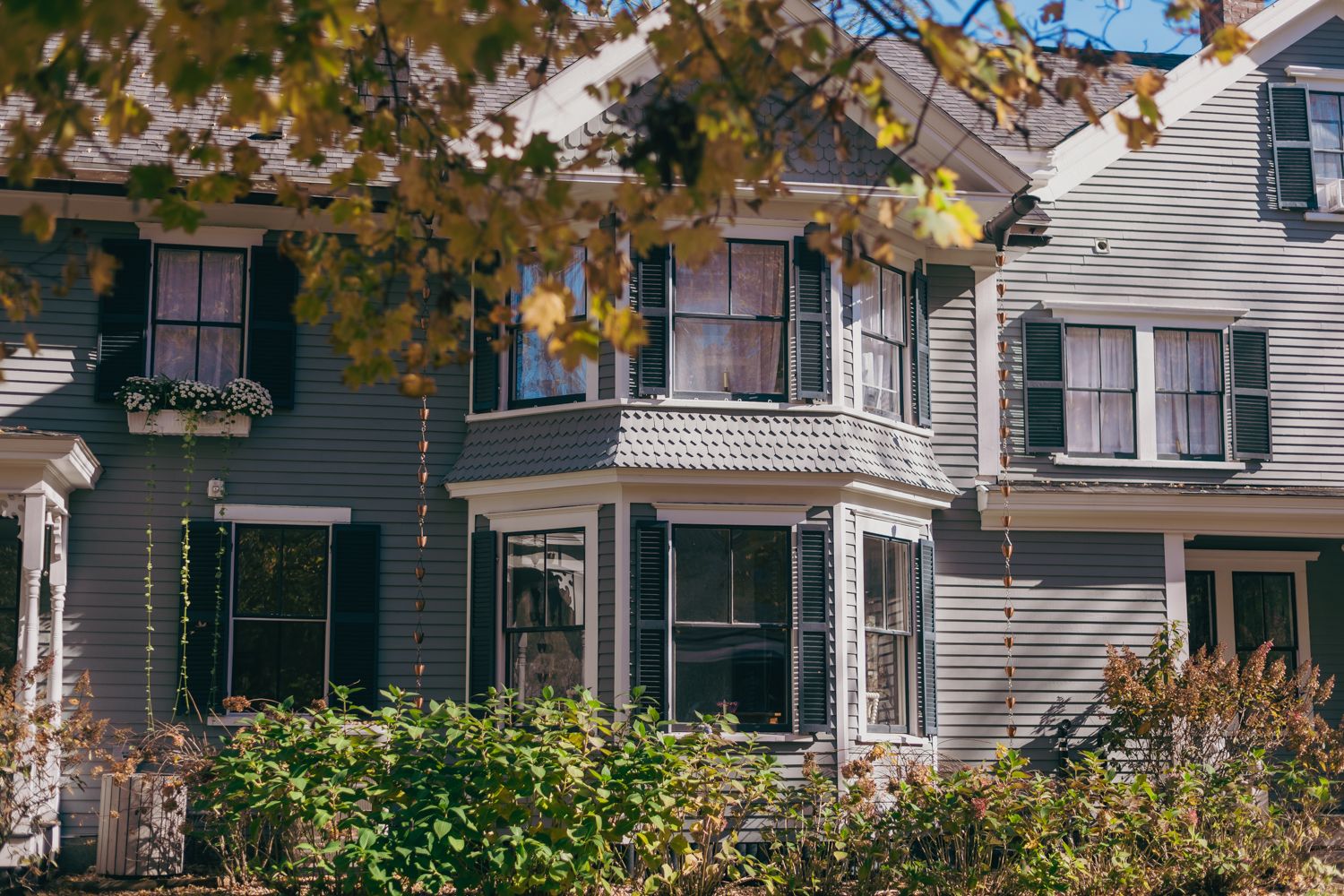 Charming gray colonial home with black shutters, flower boxes, and lush greenery framed by autumn foliage.