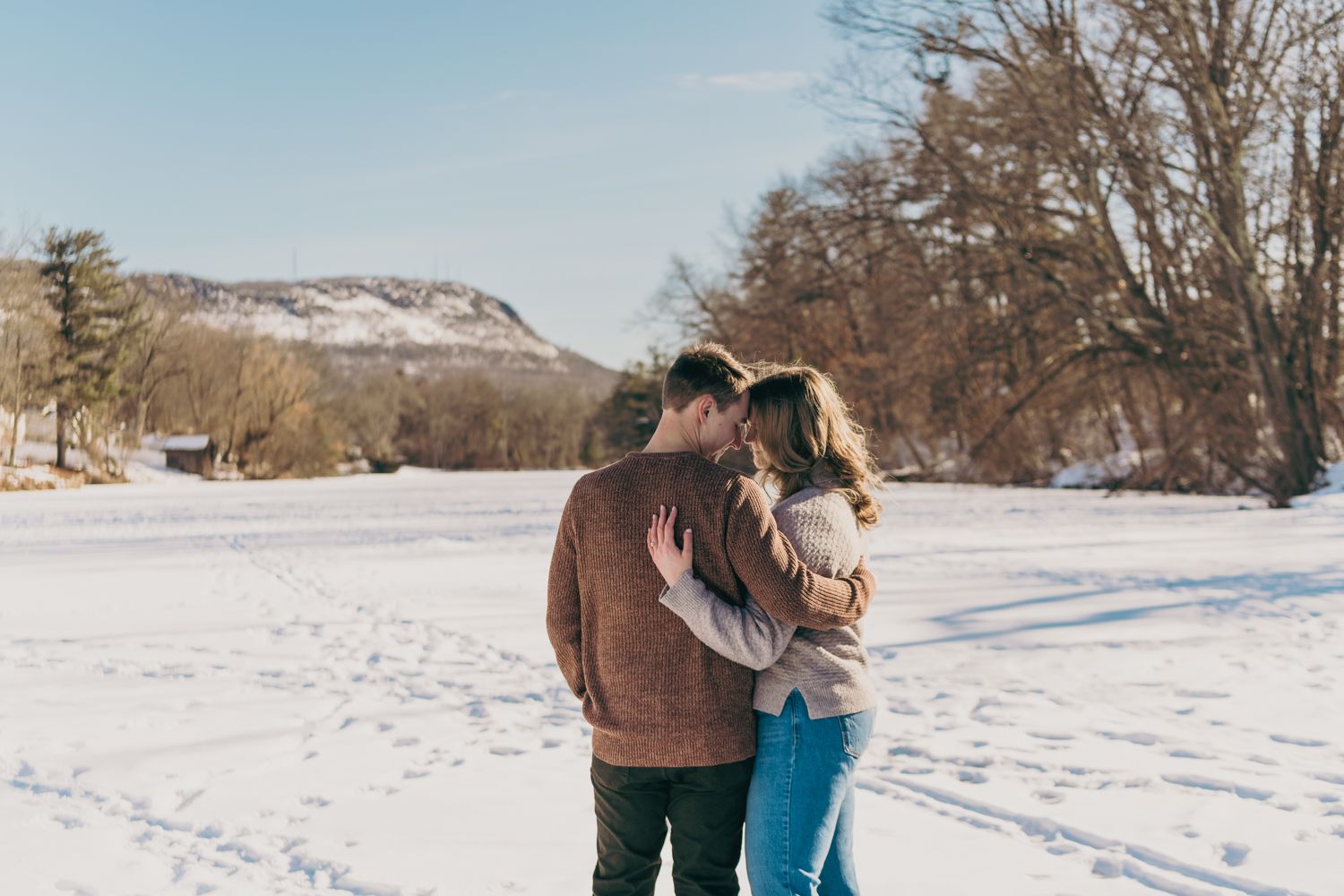 Couple embracing romantically in a snowy winter landscape with bare trees and a mountain in the background.