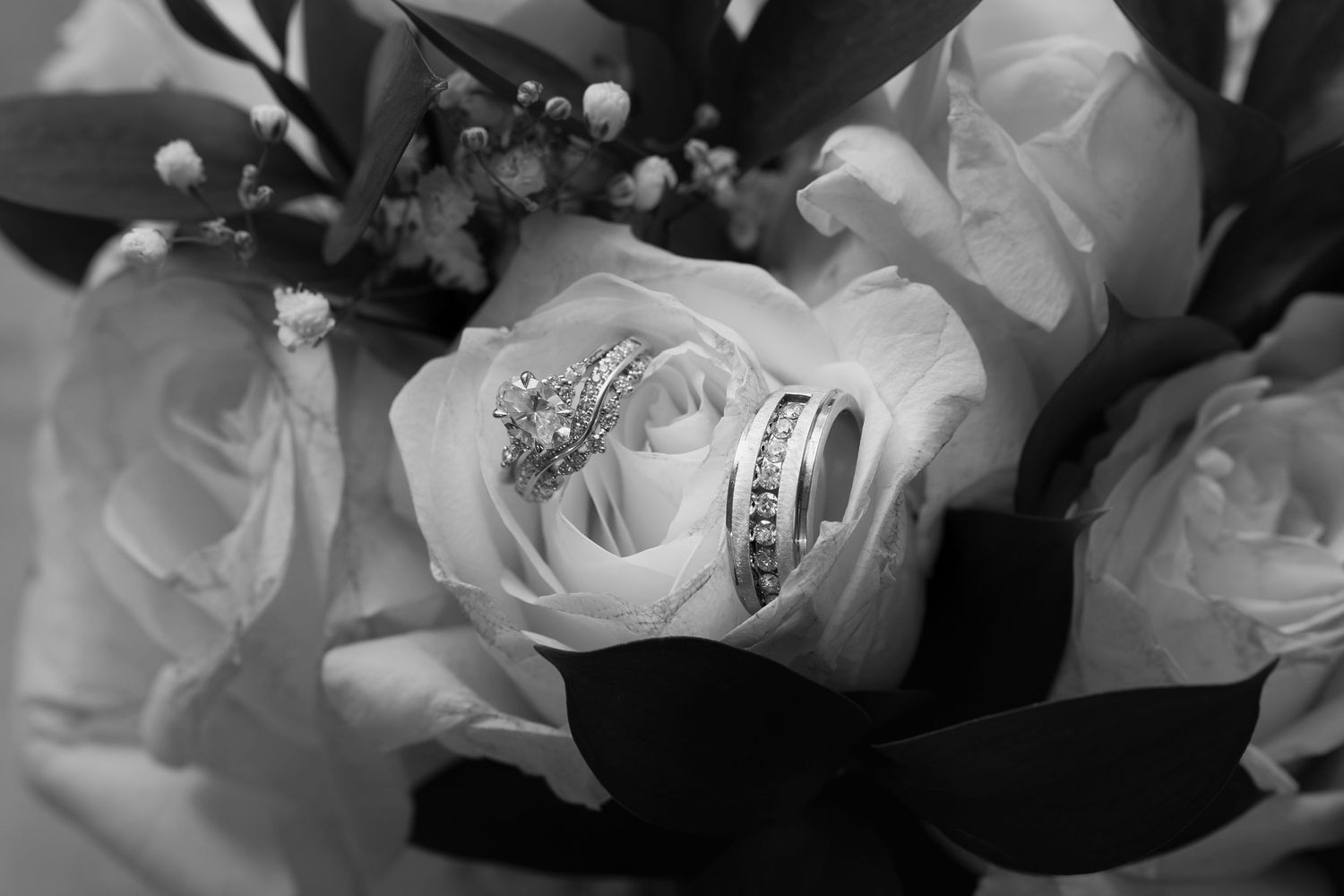 Black and white photo of diamond wedding rings nestled in white roses bouquet.