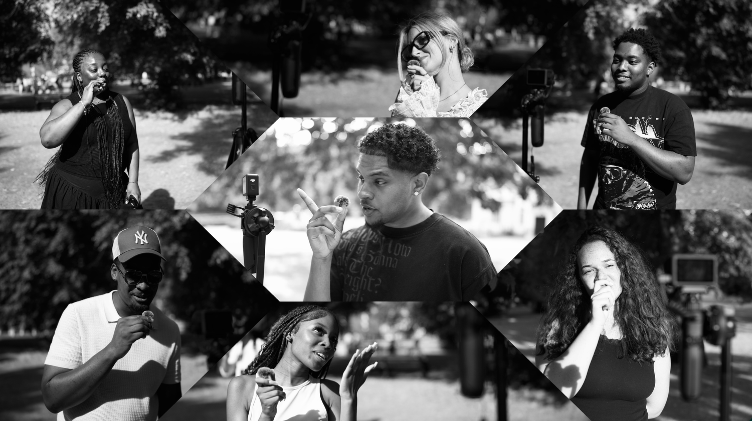 A black-and-white collage showing behind-the-scenes moments of friends taking turns speaking into a wireless mic set up on a tripod outdoors