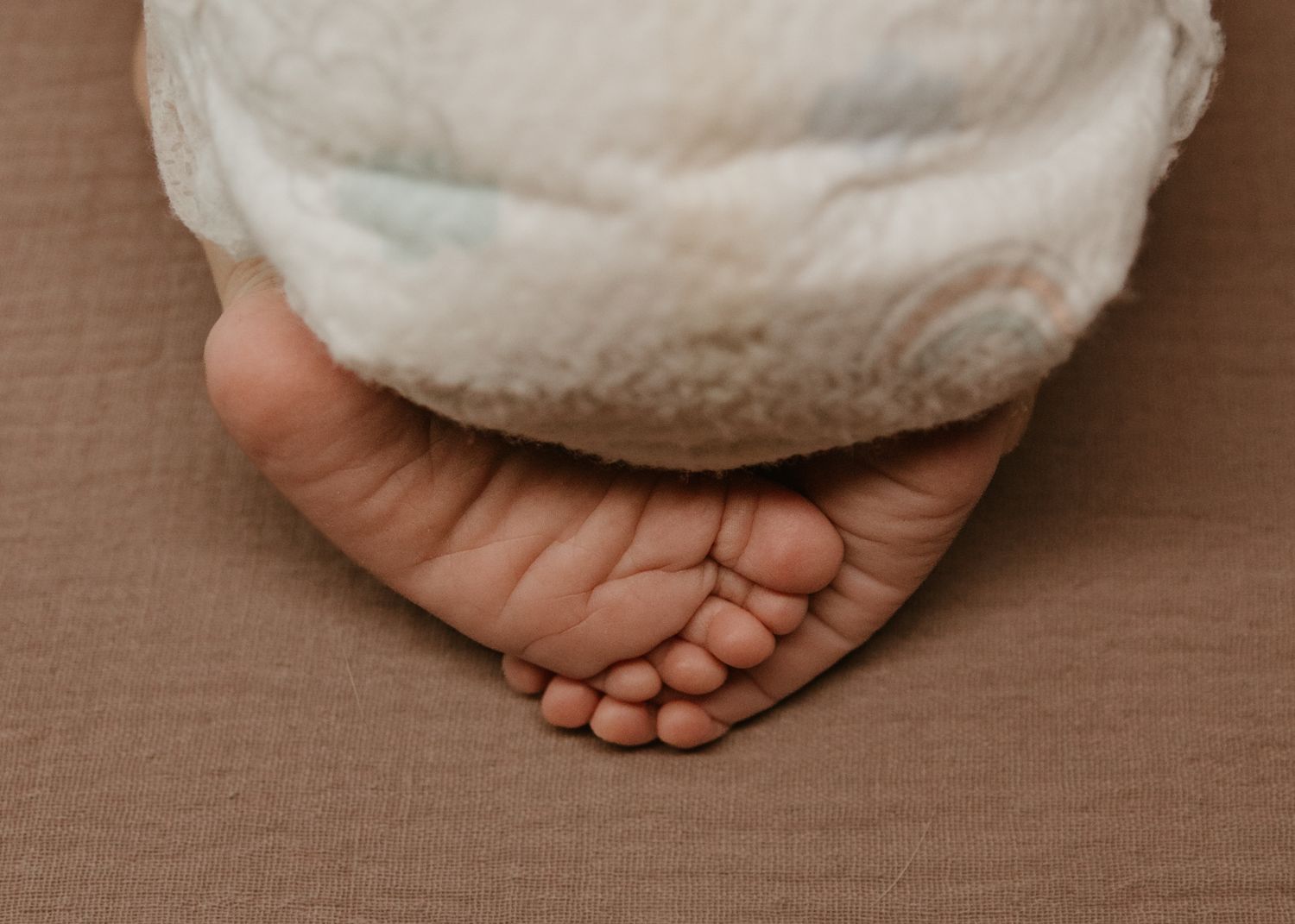 Close-up of newborn baby feet wrapped in a soft white blanket on a brown background.