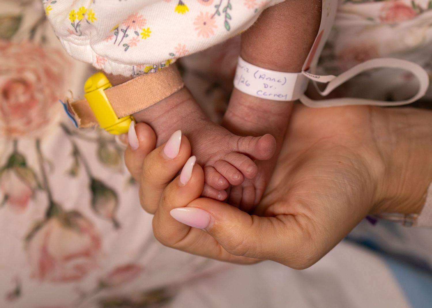 Parent holding tiny newborn baby hand with hospital ID bracelet, close-up photo.