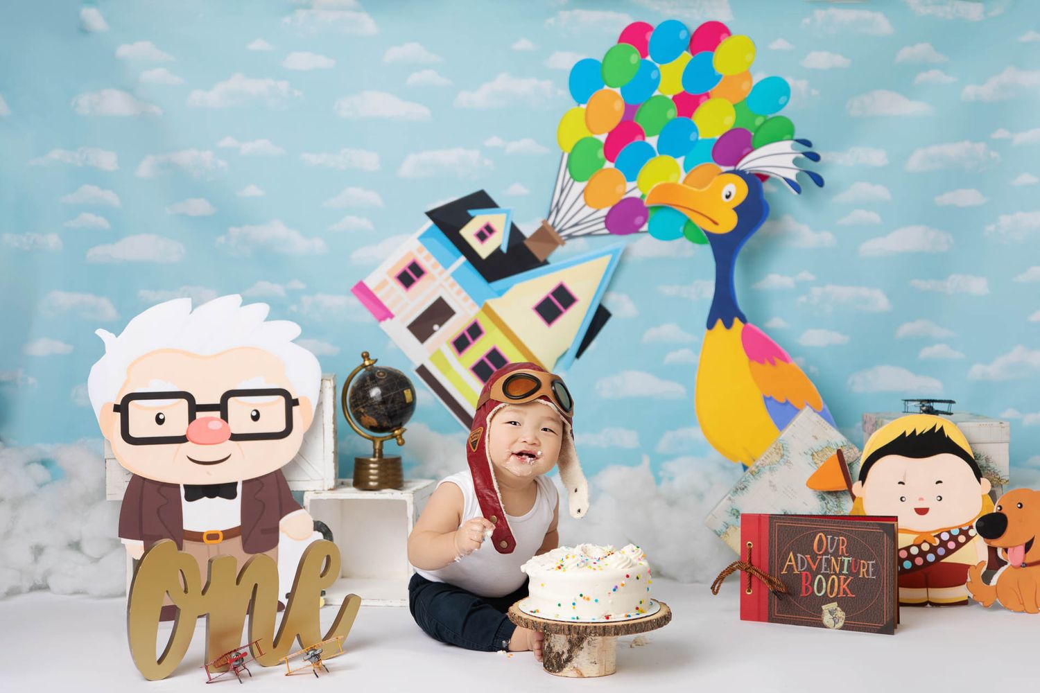 disney up our adventure book cake smash for 1st first birthday photography in queens nyc