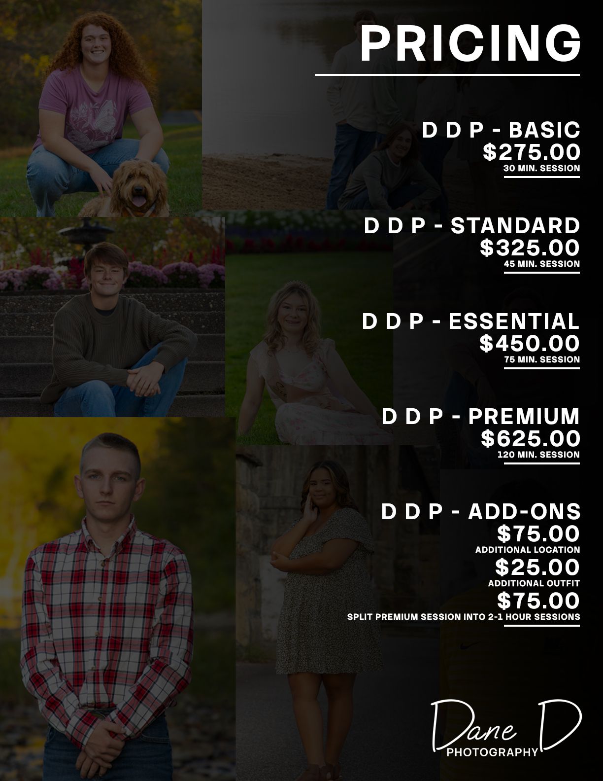 Photography pricing guide showing DDP packages from $275 to $625, with add-ons, featuring portrait samples by Dane D Photography.