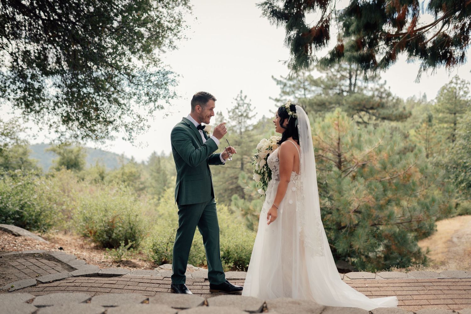 couple during first look at Idyllwild Elopements, nature ceremony, surrounded by nature, private mountain ceremony