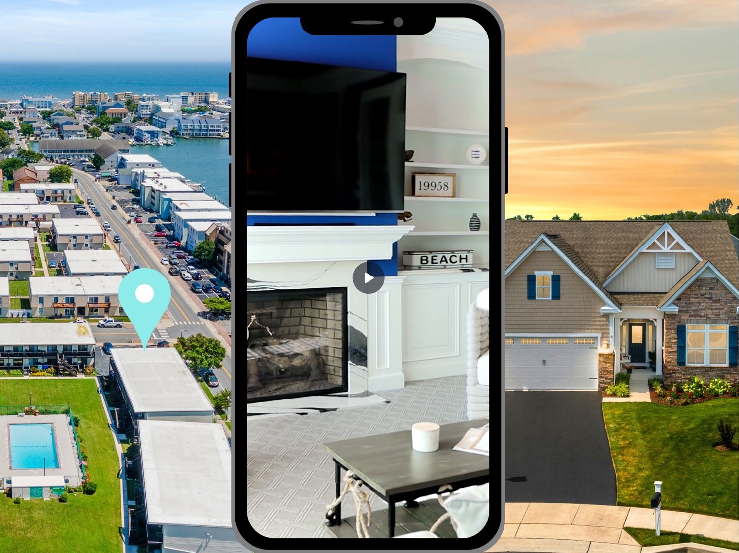 A smartphone displays a virtual home tour app with real estate listings, showing coastal and suburban properties at sunset.