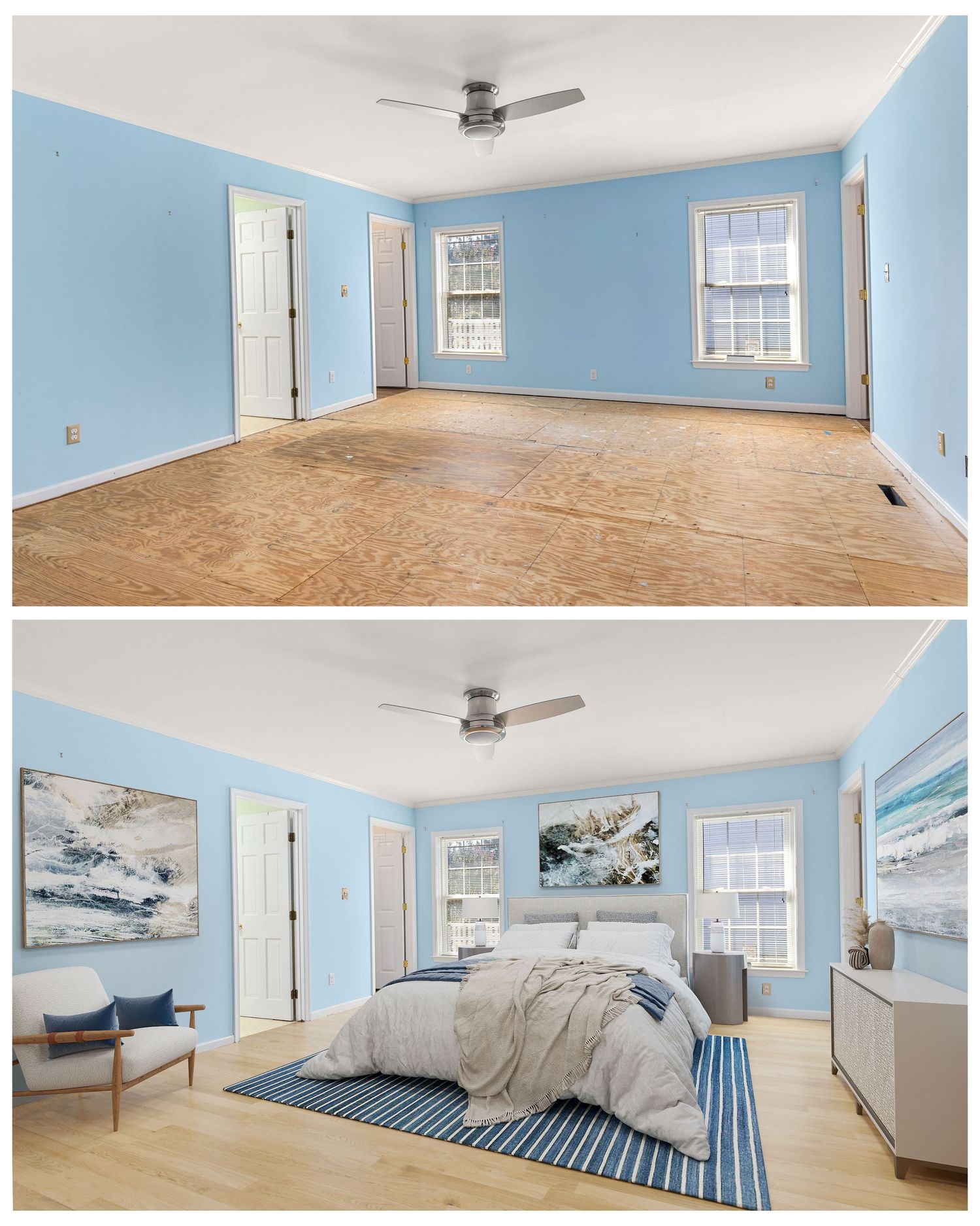 Before and after of a bright blue bedroom with hardwood floors, ceiling fan, and coastal decor transformation.
