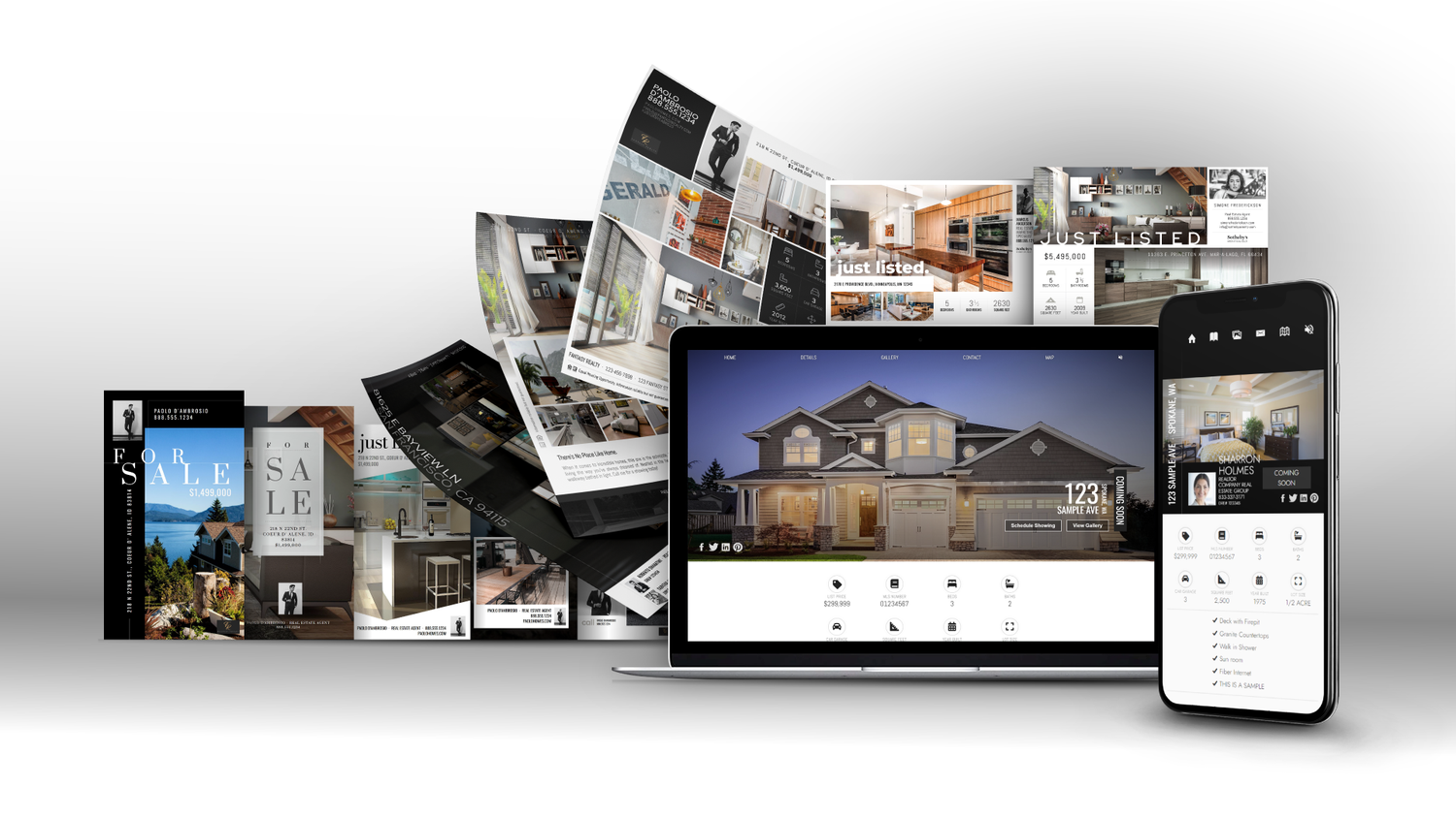 Multi-device real estate listing display showing home photos on laptop, tablet, and smartphone screens.
