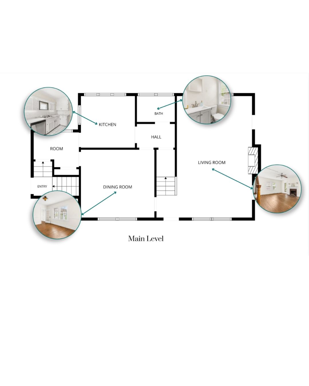 Main level floor plan featuring kitchen, dining room, living room, and bath with interior photo previews of each space.