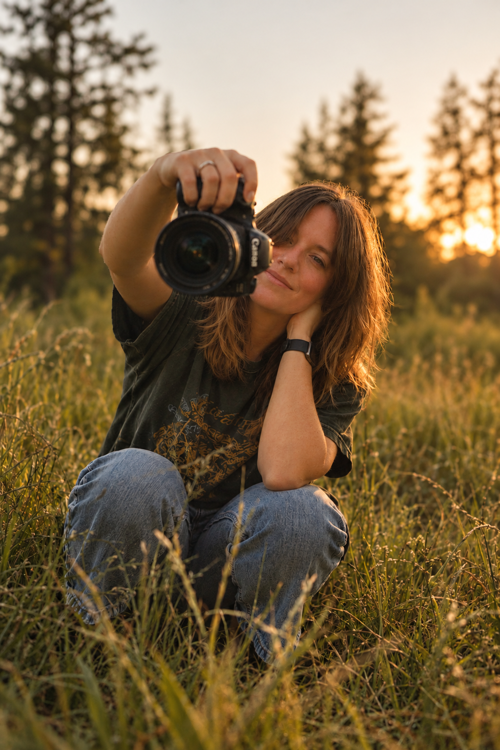 Creative portrait of a woman crouching in tall grass and holding a camera during golden hour, with sunlit trees in the background.