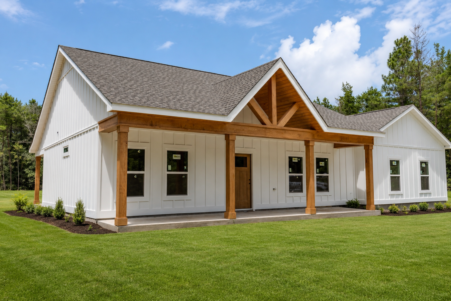White farmhouse with wood timber porch accents, dark shingle roof, and lush green lawn surrounded by trees.