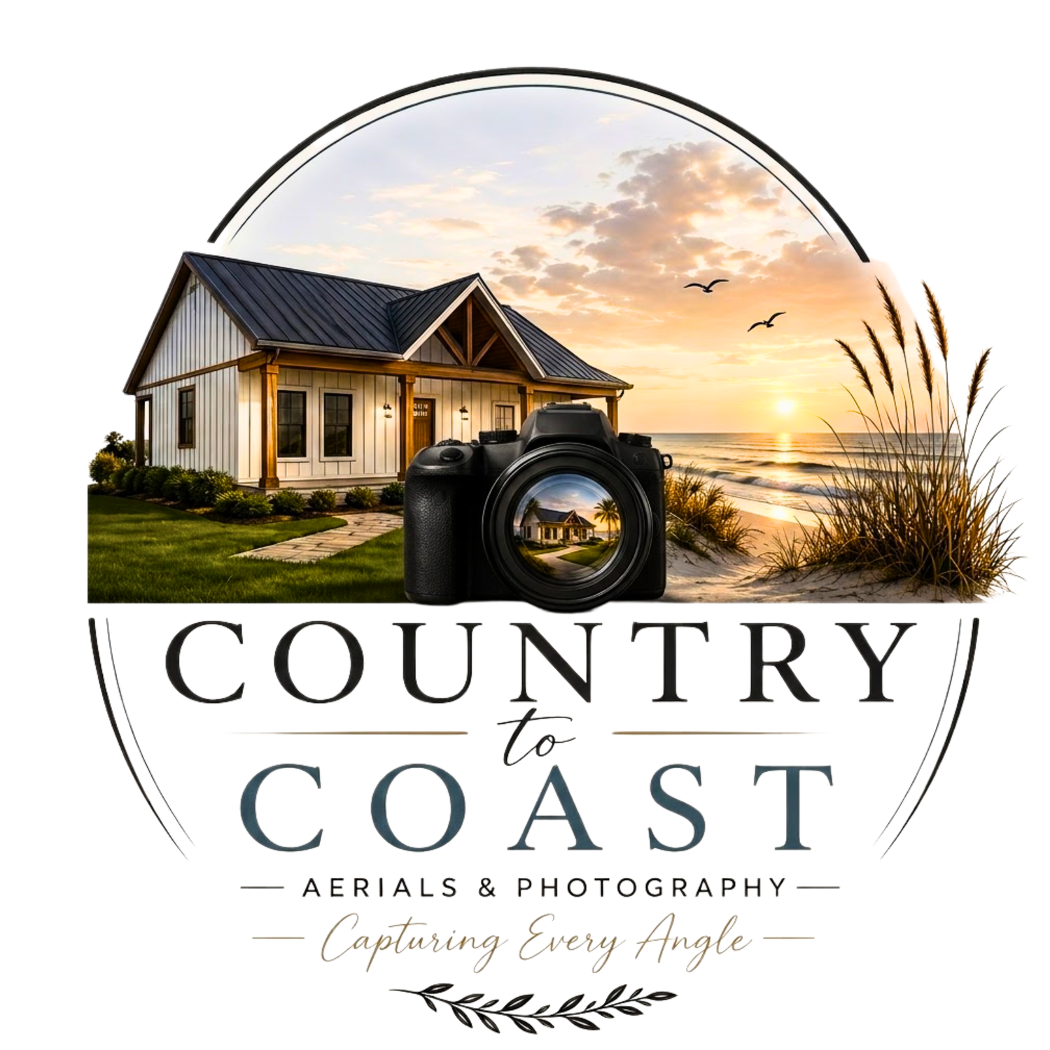 Country to Coast Aerials and Photography logo featuring a camera, beach house, and ocean sunset scene.
