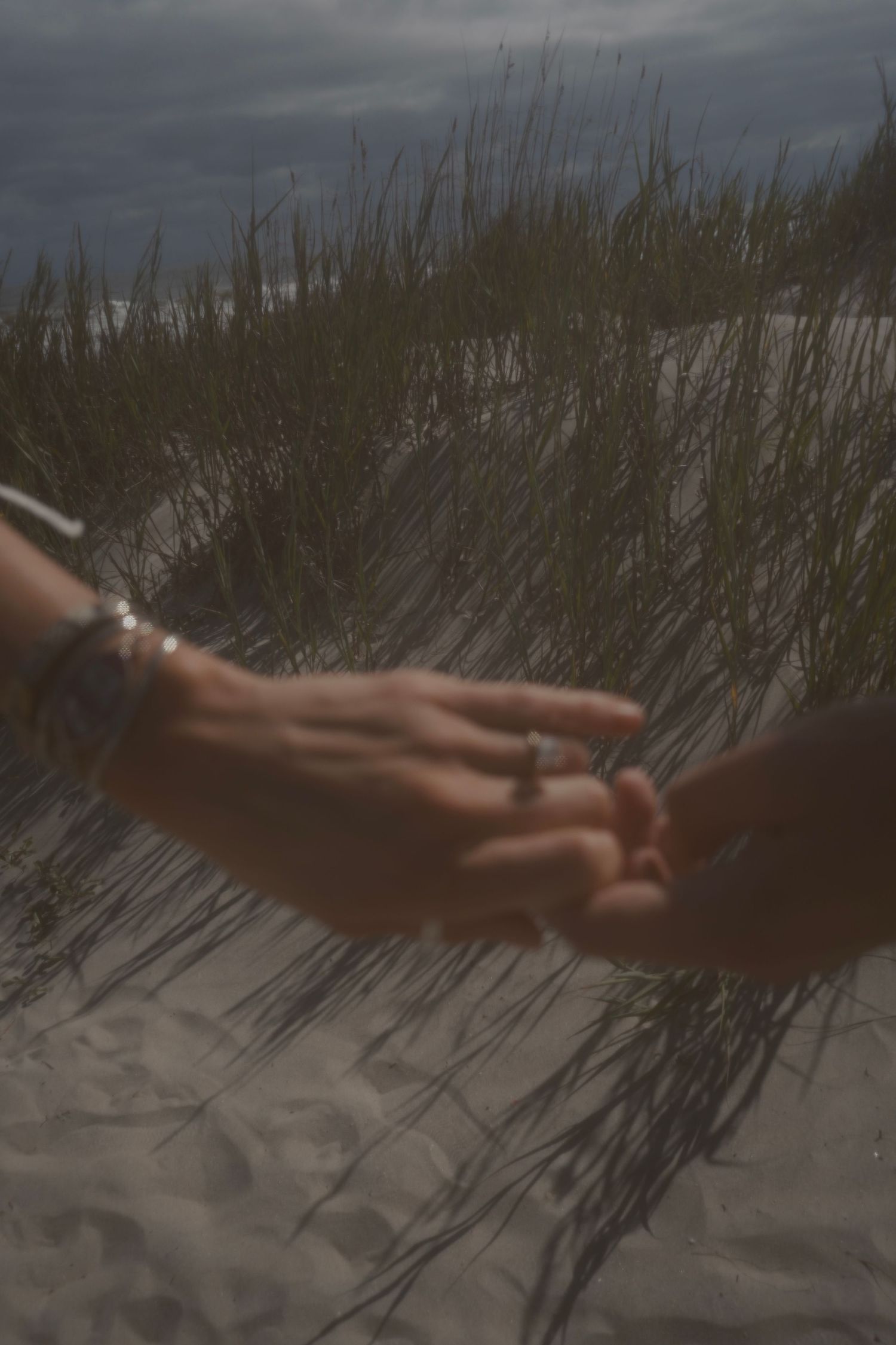 Close-up of two hands reaching to touch above a sandy dune with wispy grass, one wearing silver bracelets and a ring.