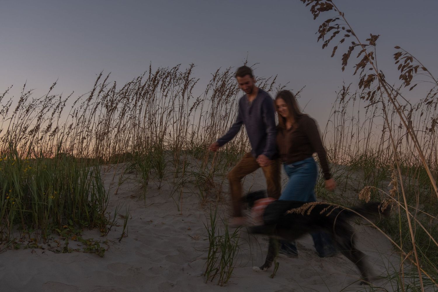 Couple walks with their dog through sea oats on a sandy dune at dusk, with a deep blue sky overhead.