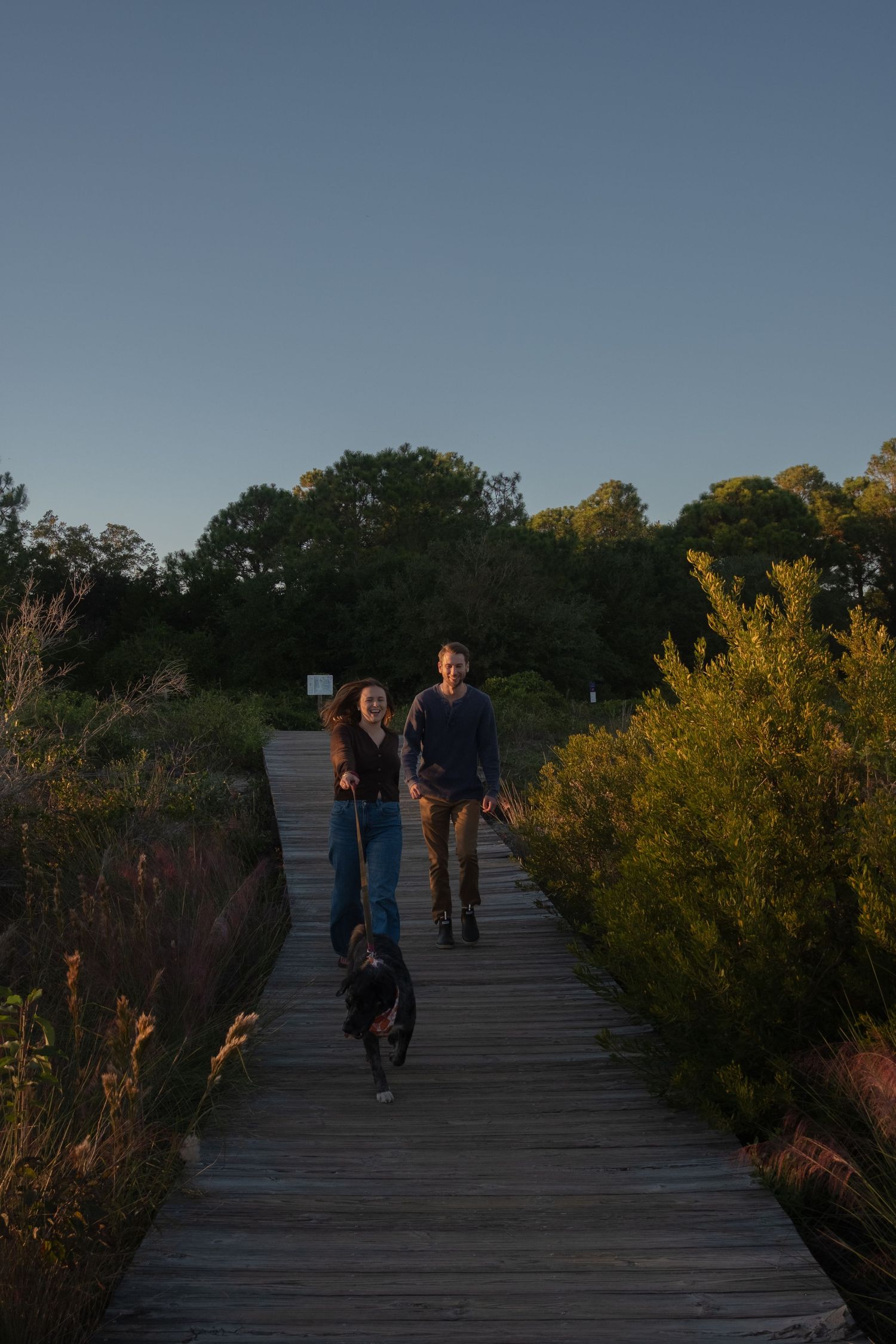 Smiling couple walking their dog along a wooden boardwalk through coastal marsh grass and trees at golden hour.