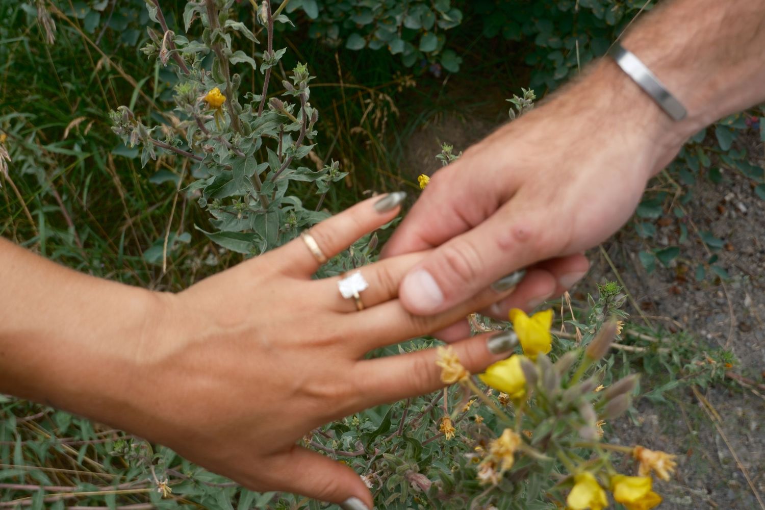 Close-up of a couple's joined hands showing an engagement ring, surrounded by green plants and small yellow wildflowers.