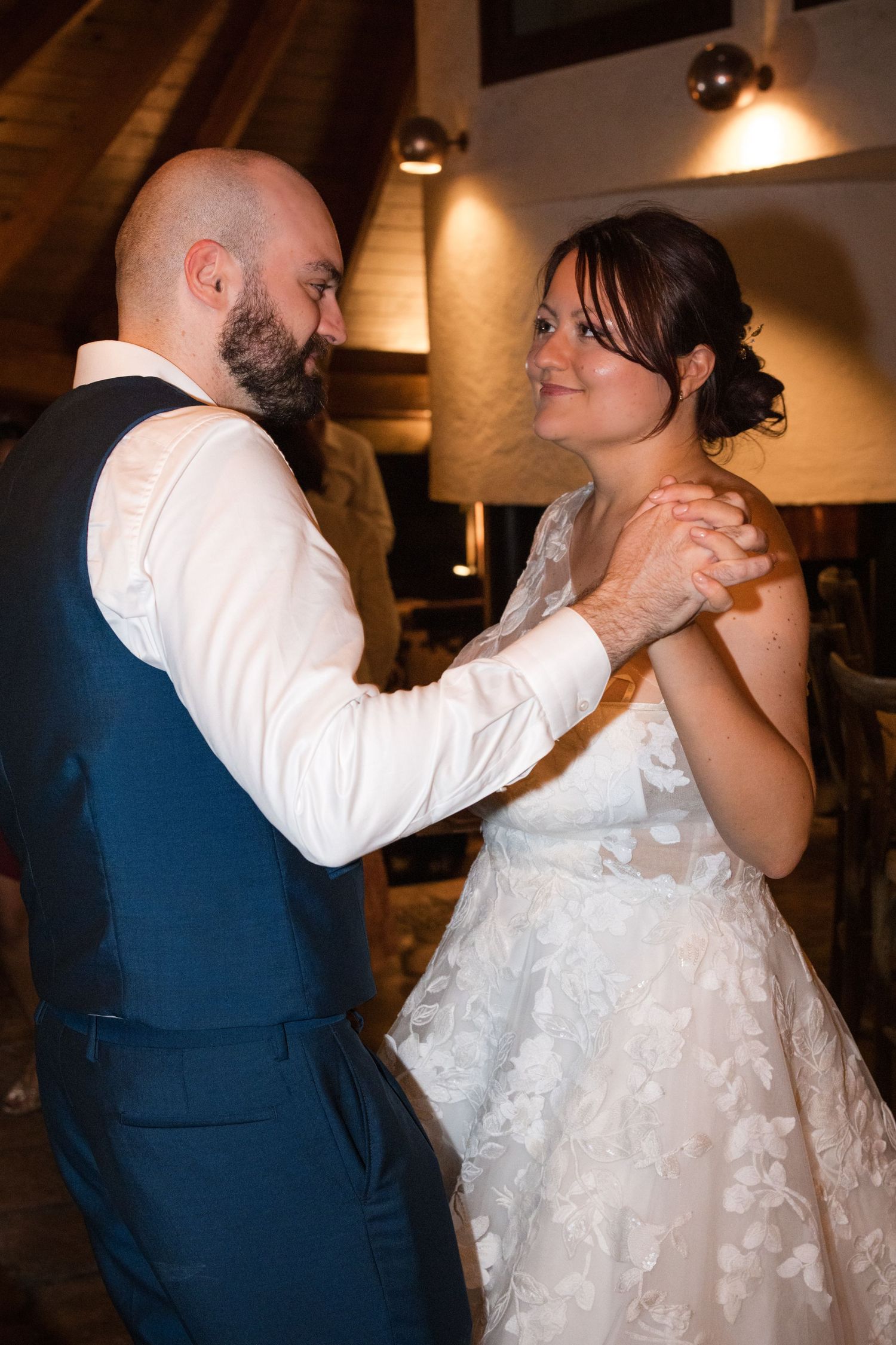 Bride and groom first dance at their wedding reception at La Roche Couloir in the Chevreuse Valley.