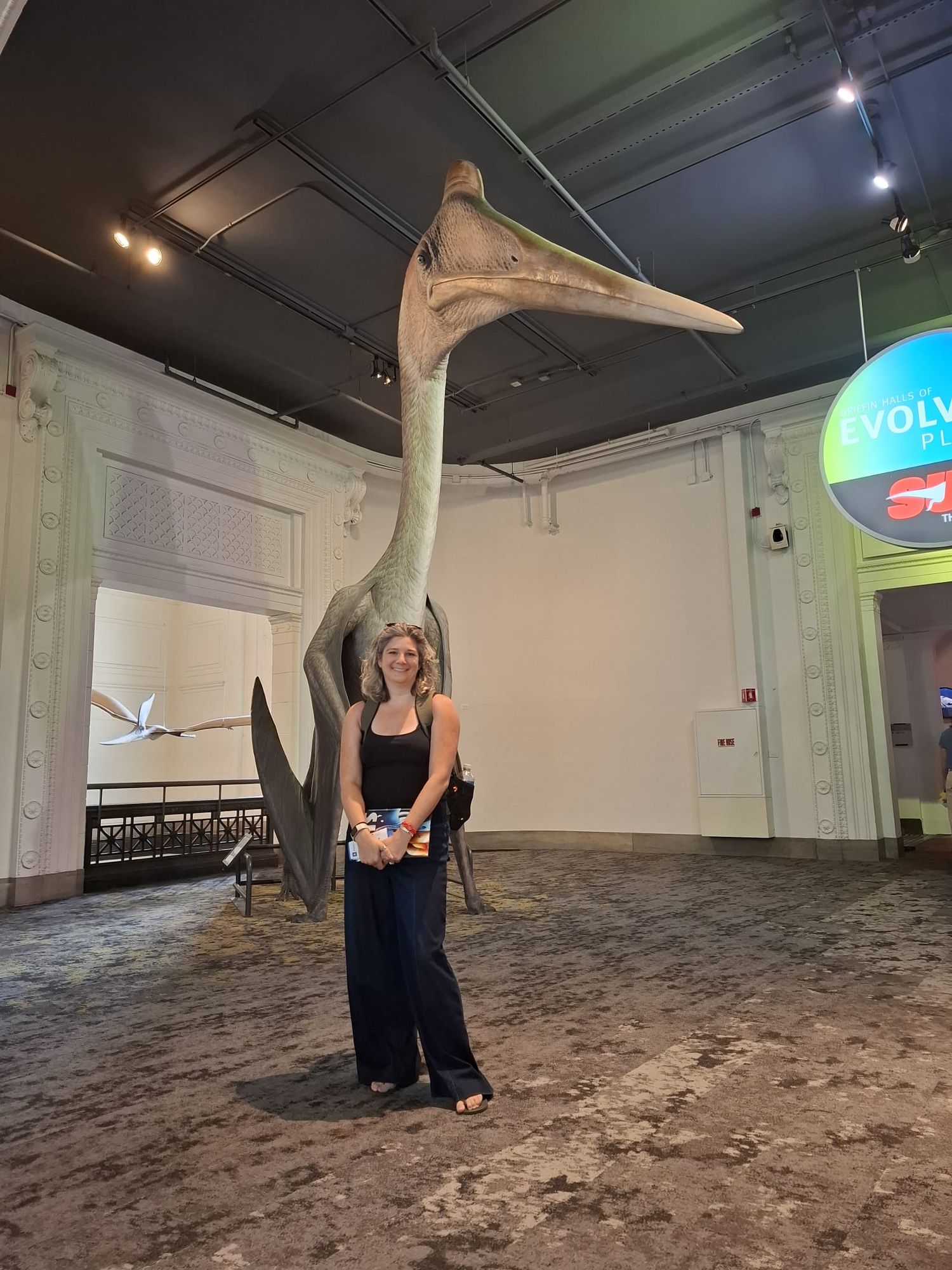 Woman posing beside a towering pterosaur dinosaur exhibit inside a natural history museum.