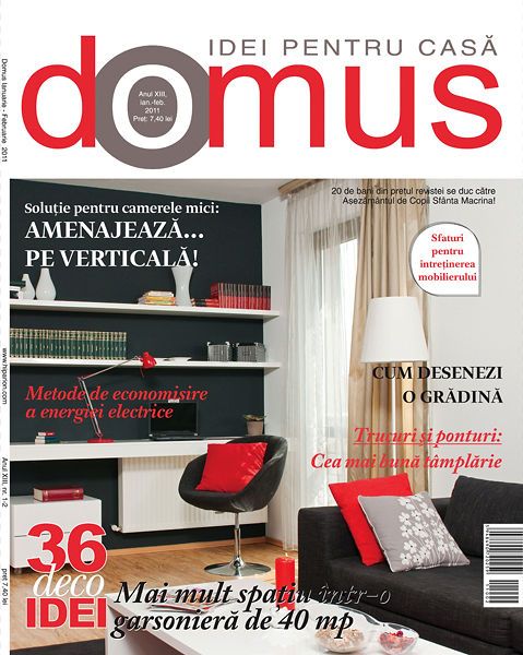 Domus magazine cover featuring a modern living room with red accents, bookshelves, and interior design tips in Romanian.