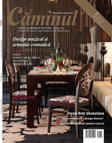 Romanian home decor magazine Caminul cover featuring elegant dining room with dark wood furniture and floral upholstered chairs.